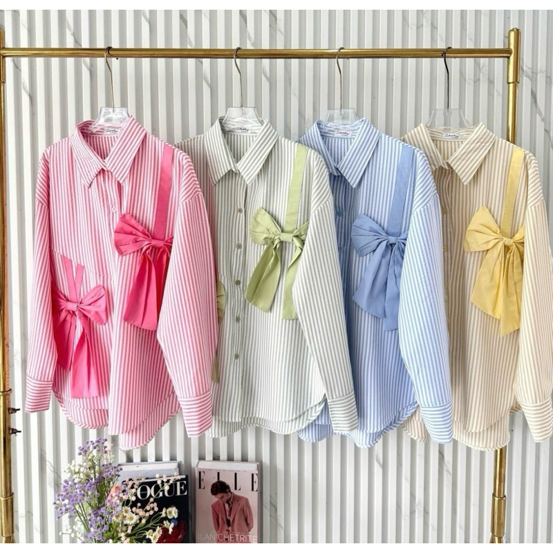 พร้อมส่ง เสื้อลายริ้วแต่งดีเทลโบว์สุดคิ้วท์