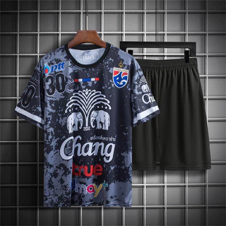 🔥สินค้าพร้อมส่ง🔥เสื้อยืด+กางเกงขาสั้น ชุดกีฬาผู้ชา ชุดกีฬา ชุดฟุตบอล + ธงLogoช้าง ชุดกีฬา 2 ชิ้น