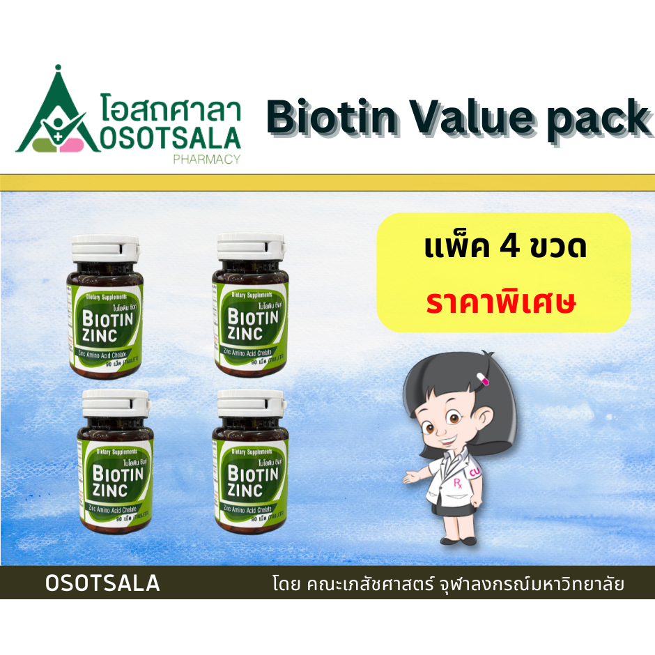 [แพ็ค 4] [แพ็คเกจใหม่] Biotin Zinc โดยร้านยาคณะเภสัช จุฬาฯ Exp 09/2027