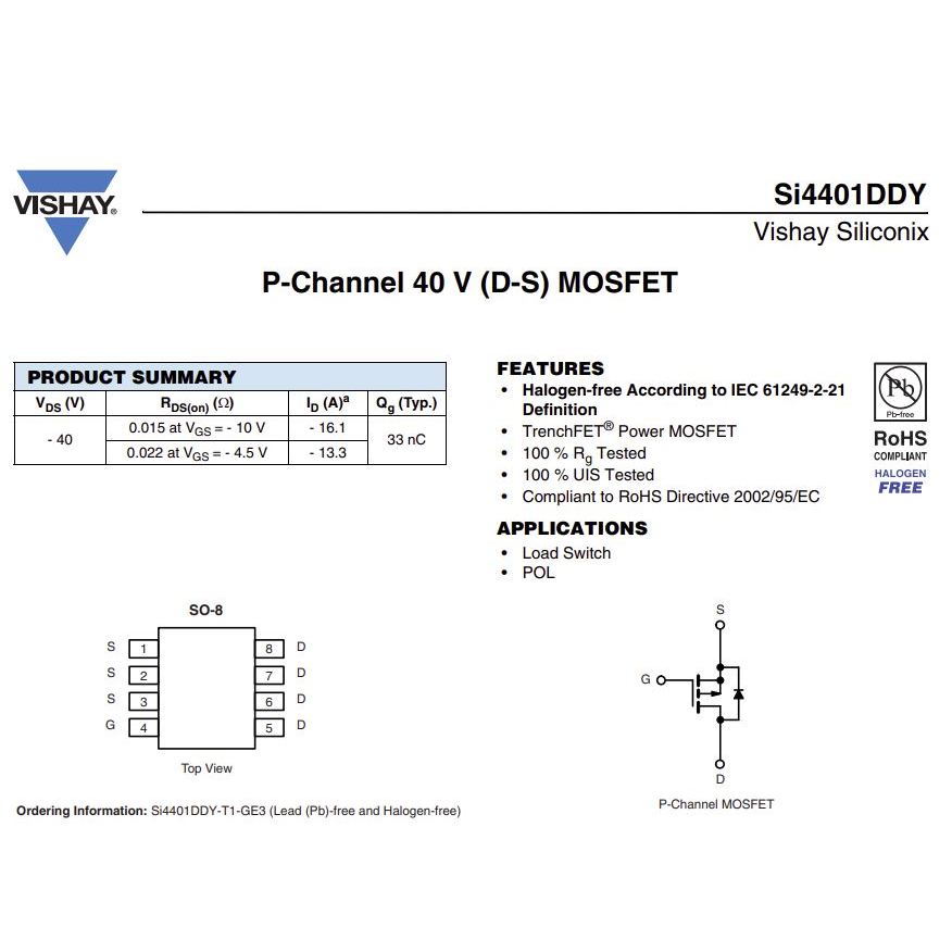 มอสเฟต SI4401DDY-T1-GE3 SI4401DDY (จำนวน 10ชิ้น) 40V 16.1A 6.3W SOIC-8 VISHAY ของแท้