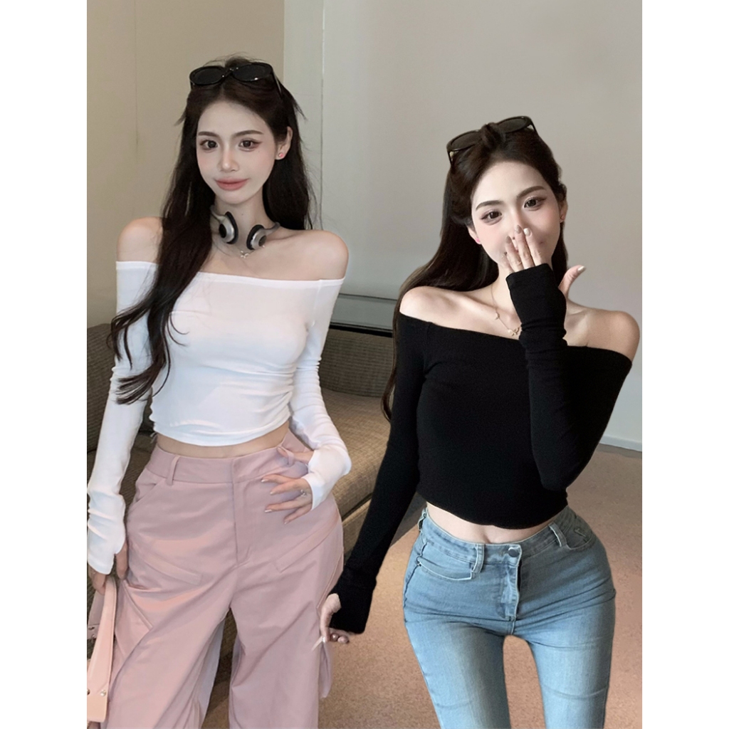 เสื้อเปิดไหล่ เสื้อยืดเเขนยาว ทรงเข้ารูป เซ็กซี่ ยืดได้#2261
