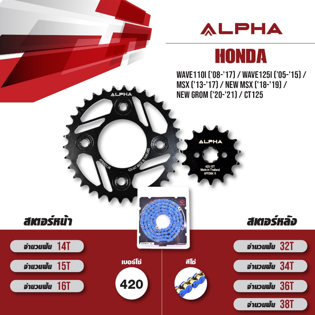 ชุดโซ่สเตอร์ ALPHA เปลี่ยน Wave110i ('08-'17) / Wave125i ('05-'15) / MSX / New Grom / CT125 โซ่ JOMT