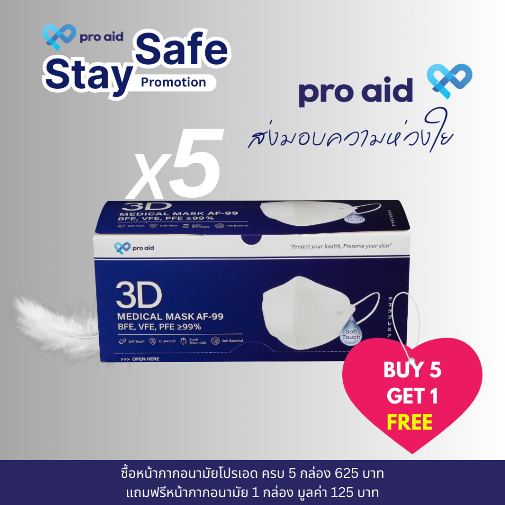 ✅[5 ฟรี 1] PRO AID 3D สีขาว V-SHAPE SOFT FIT กล่อง 50 ชิ้น หน้ากากอนามัย 3มิติ ผ้าชั้นในออร์แกนิก ถนอมผิวหน้า✅