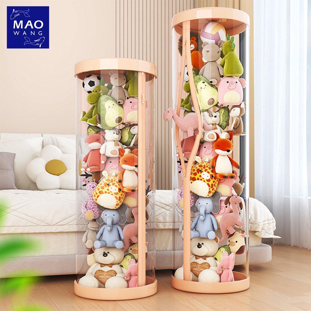 ถังเก็บตุ๊กตาแบบใส ทรงกระบอก หมุนได้ ขนาดใหญ่ ถังโชว์ตุ๊กตา ฝาสีชมพู ดีไซน์สวย