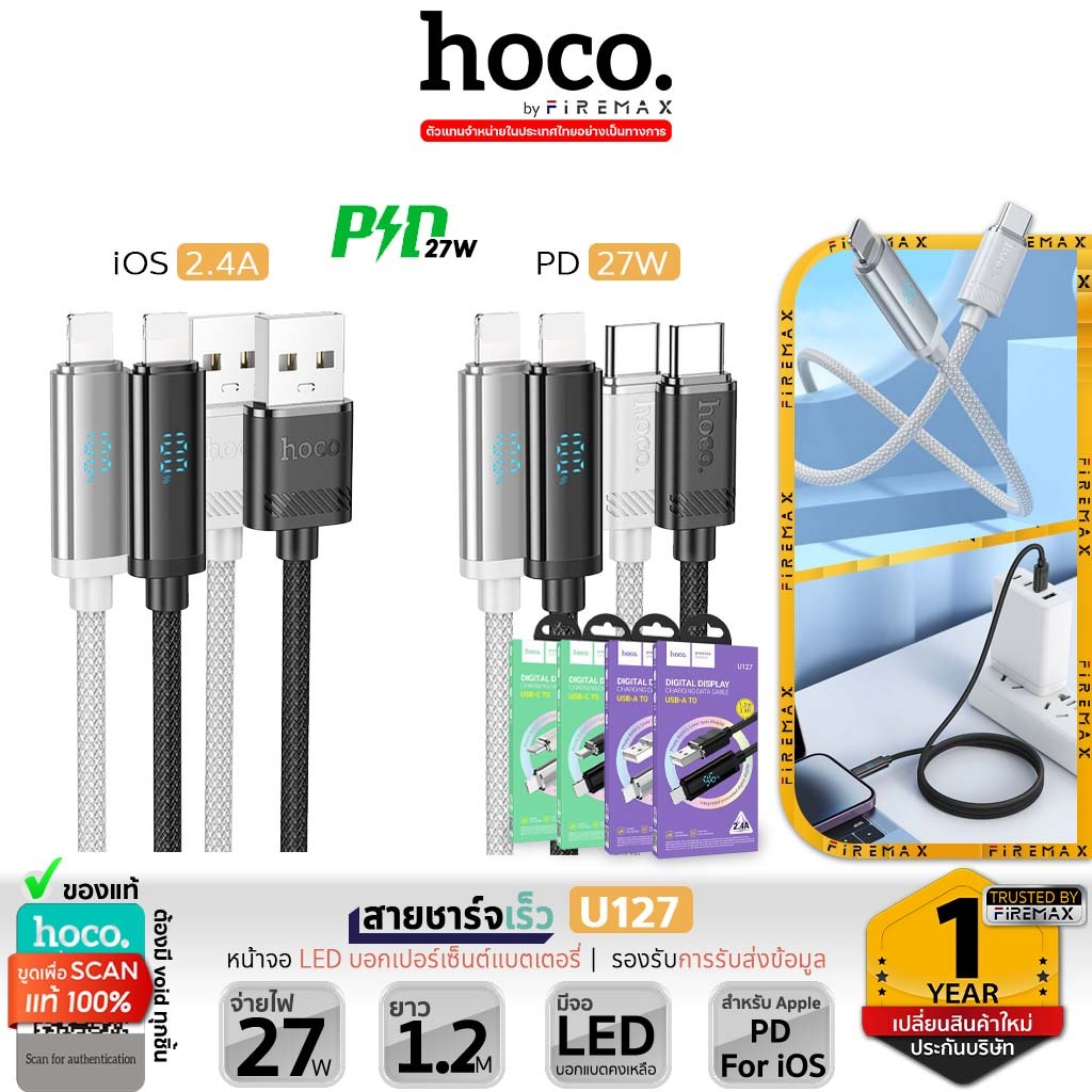 【ใหม่!รุ่นพิเศษ】HOCO U127 สายชาร์จเร็ว มีจอดิจิตอล LED บอกแบตเตอรี่ PD 27W / iOS 2.4A ยาว 1.2 เมตร จ่ายไฟเสถียร hc1