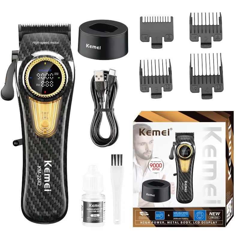 Kemei KM-2242 ปัตตาเลี่ยนตัดผม มอเตอร์ไร้แปรงProfessional Hair Clipperฐานเครื่องชาร์จจอแสดงผลLEDผมTrimmerเครื่องตัดผม