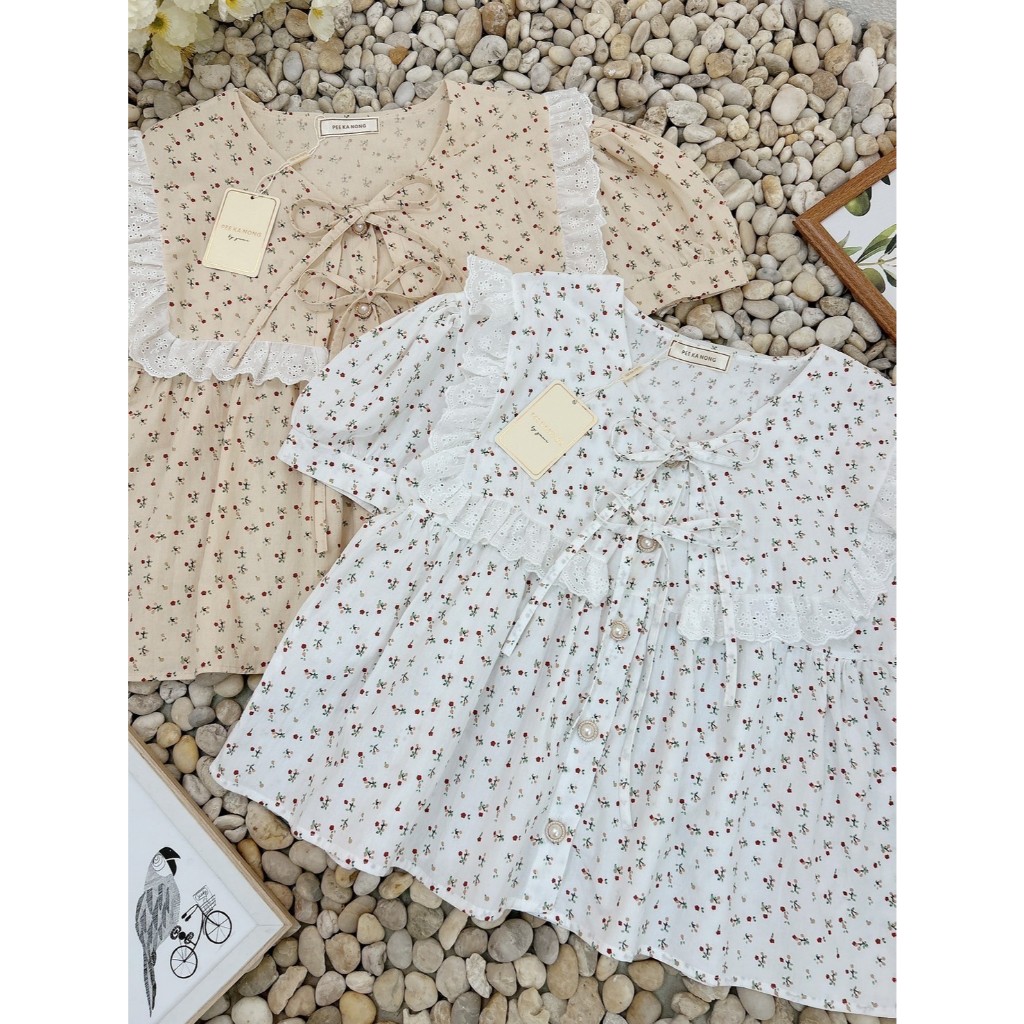 ป้าย Pee ka Nong เสื้อผ้าคอตตอนแต่งปกใหญ่ระบายลูกไม้ อก 38 นิ้ว ยาว 22 นิ้ว