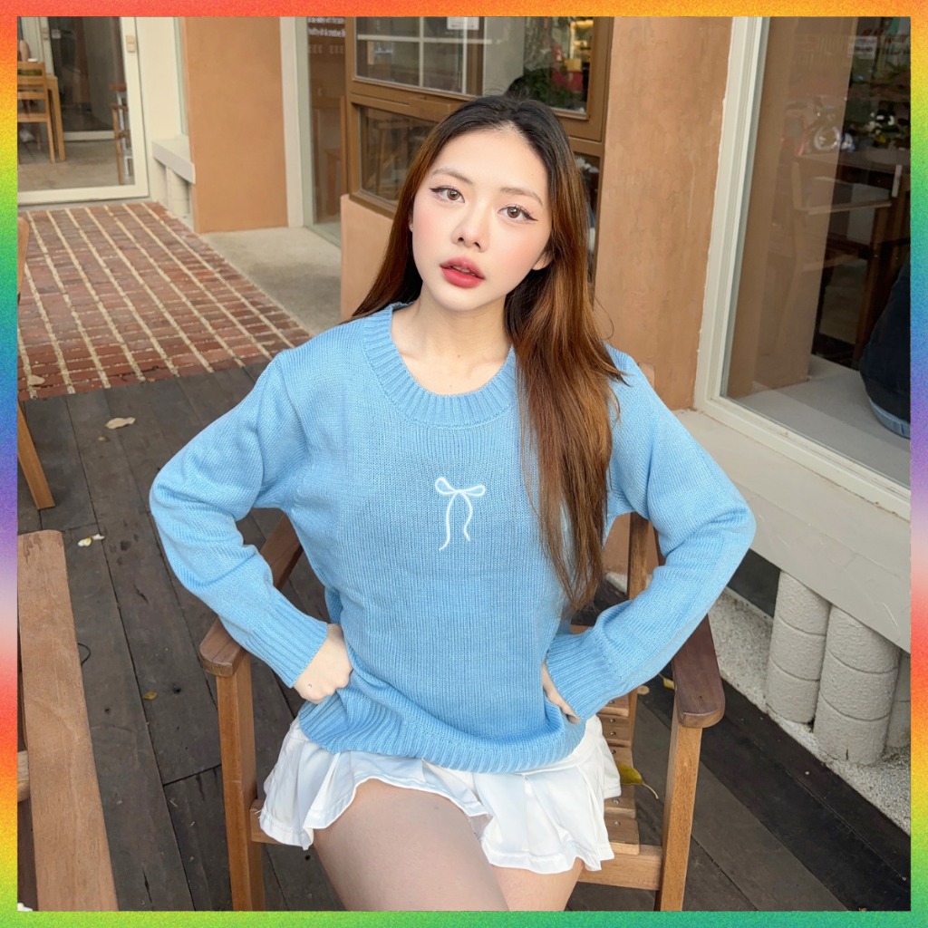 MesubShop เสื้อไหมพรมแขนยาว สเวตเตอร์ปักโบว์ ผ้าไหมพรมถัก สาวอวบใส่ได้ ใส่กันแดดกันลมกันหนาว สเวตเตอร์ปักโบว์