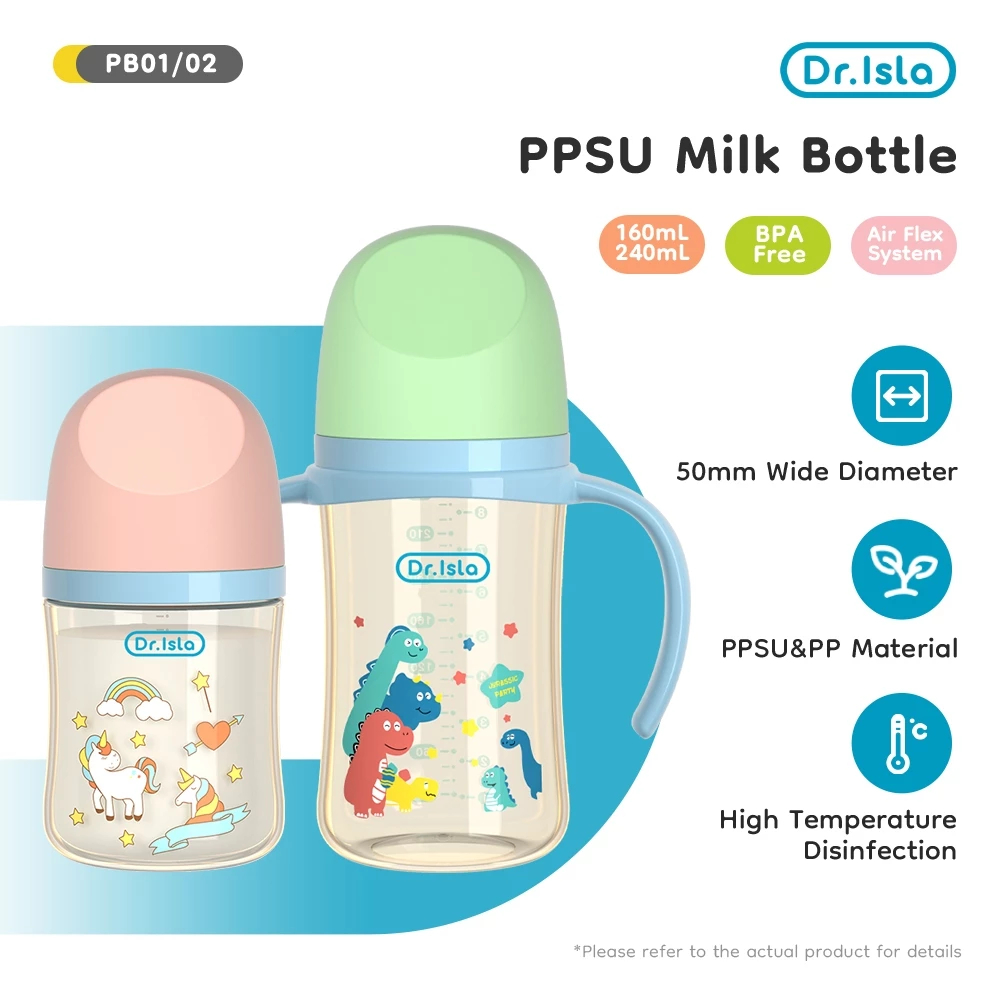 Drisla PB01 ขวดนมเด็ก PPSU 5oz/8oz ขวดนมคอกว้างสีชา ป้องกันอากาศเข้า กันสำลัก foodgrade（8oz+ที่จับ）