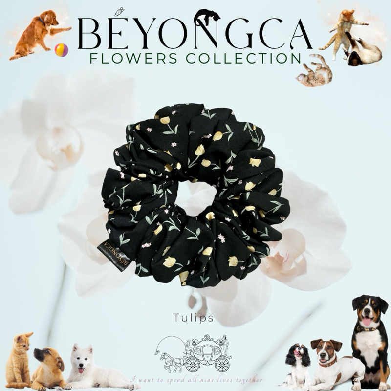 Beyongca Scrunchies ลาย Tulips Flowers ( ชุดสุดท้าย ) ยางรัดผม ลิขสิทธิ์แท้ ผ้าซาตินพรีเมี่ยม Scrunchy Elastic ยางมัดผม
