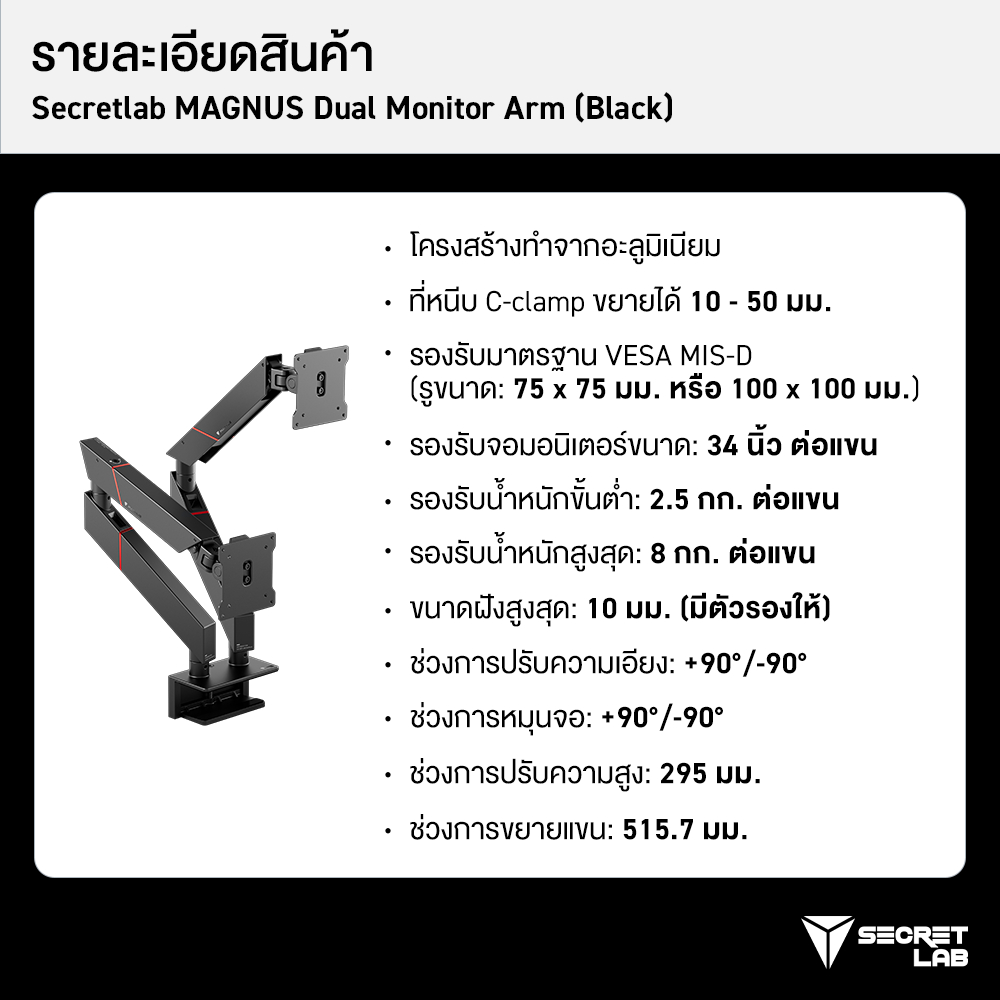 Secretlab MAGNUS Dual Monitor Arm (Black) — แขนยึดจอมอนิเตอร์แบบคู่ ราคา ถูกที่สุด ดีลบีเคเค แกลเลอรีภาพที่ 6