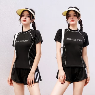 Hot.bikini🥰ส่งไวจากไทย🥰ชุดว่ายน้ำผู้หญิง ชุดว่ายน้ำแฟชั่น two piece ผ้าแห้งไว สไตล์แขนสั้น สไตล์สปอร์ต