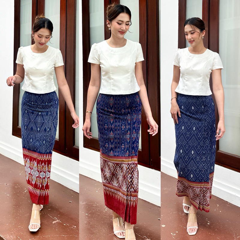 ผ้าถุงสำเร็จรูป ลายมัดหมี่จกเชิงปลายแดง แต่งจีบหน้า
