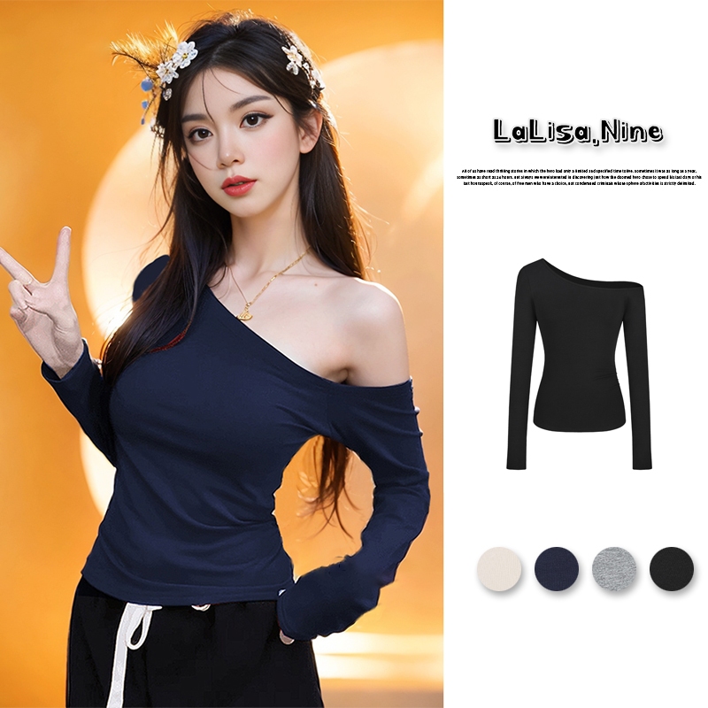 Lalisa✨🎀พร้อมส่ง🎀✨เสื้อยืดแขนยาวผู้หญิง💓crop topสีพื้น ทรงเข้ารูปY2K เสื้อไหล่เดียวเซ็กซี่ เสื้อรัดรูปเปิดไหล่สไตล์เกาหล