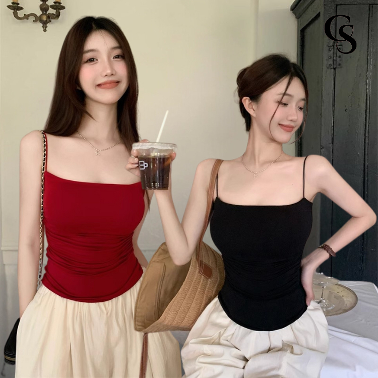 เสื้อกล้ามแฟชั่น B-133 เสื้อสายเดี่ยวย่นข้างพรางหุ่น ผ้ายืดหยุ่นได้ดี สายเดี่ยวสายฝอสไตล์วินเทจ พร้อมส่ง