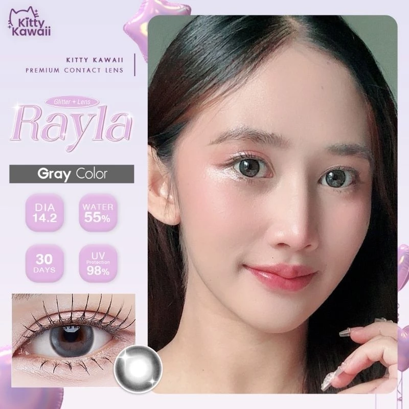 คอนแทคเลนส์ รุ่น RAYLA New Kitty kawaii ค่าอมน้ำ 55% สีเทา/ตาล Gray/Brown มีค่าสายตา (0.00)-(-7.00)