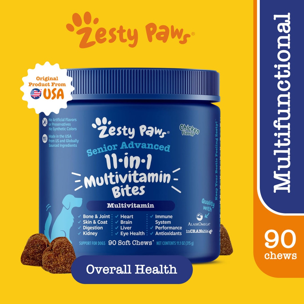 Zesty Paws Senior Advanced 11-in-1 Multifunctional Bites for Senior Dogs Overall Support [รสไก่] (แบบนุ่ม 90 เม็ด) (หมดอายุ:02 2026) [ส่งเสริมการทำงานของสะโพกและข้อต่อ ดูสุขภาพหัวใจ,สุขภาพผิวหนัง,การทำงานของลำไส้ ,ระบบภูมิคุ้มกัน,สารต้านอนุมูลอิสระ]