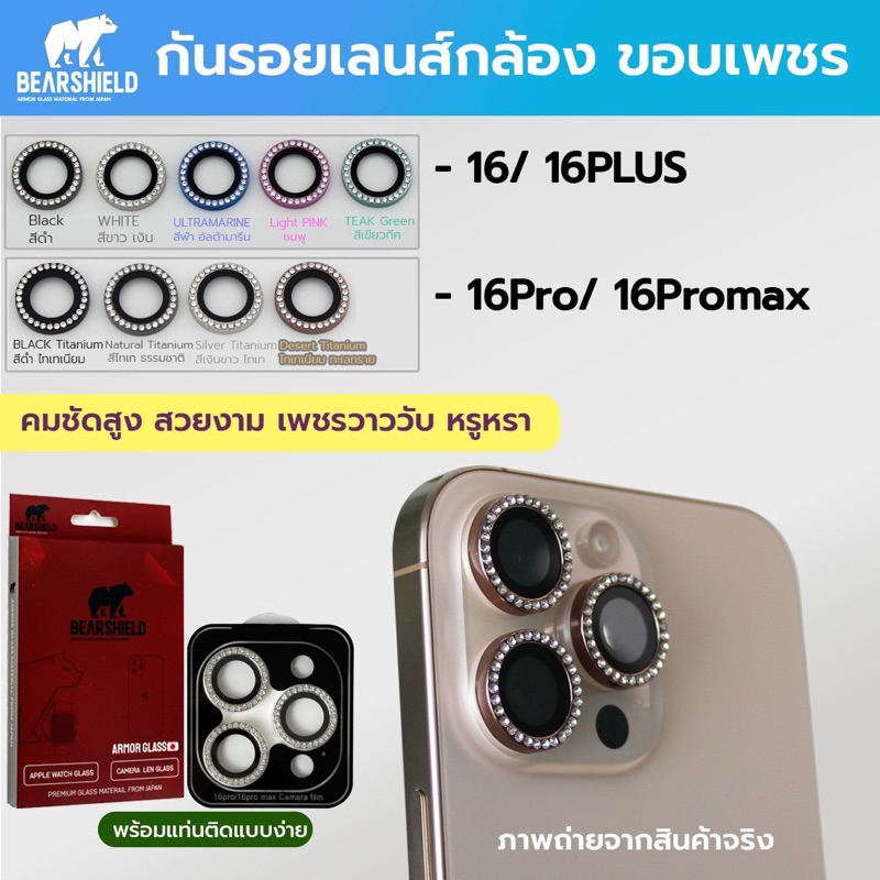 เลนส์กล้องขอบเพชร ไอโฟน 16 Series พร้อมบล็อกติดตั้ง / สีตรงเครื่อง ติดแล้วถ่ายรูปสวยแสงไม่เพี้ยน ป้องกันแสงสะท้อน