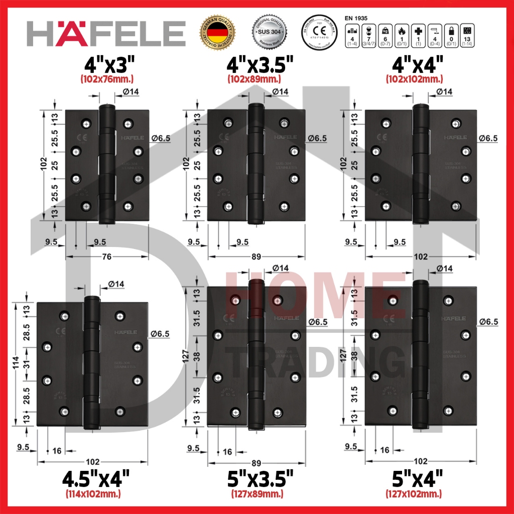 HAFELE บานพับผีเสื้อ CE StarTec สแตนเลส304 สีดำด้าน หนา3mm.รับน้ำหนัก120kg ครบทุกขนาดใช้กับประตูกันไฟ กันควันได้ แพ็ค2,4