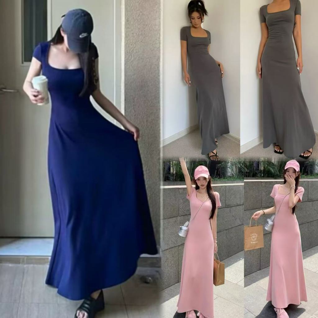 iPink🧺พร้อมส่ง🧸เดรสแฟชั่นผู้หญิง ชุดเดรสแขนสั้นสีพื้นY2K คอเหลี่ยมสีดำ เซ็กซี่สไตล์เกาหลี รุ่นสลิม สง่างามมาก