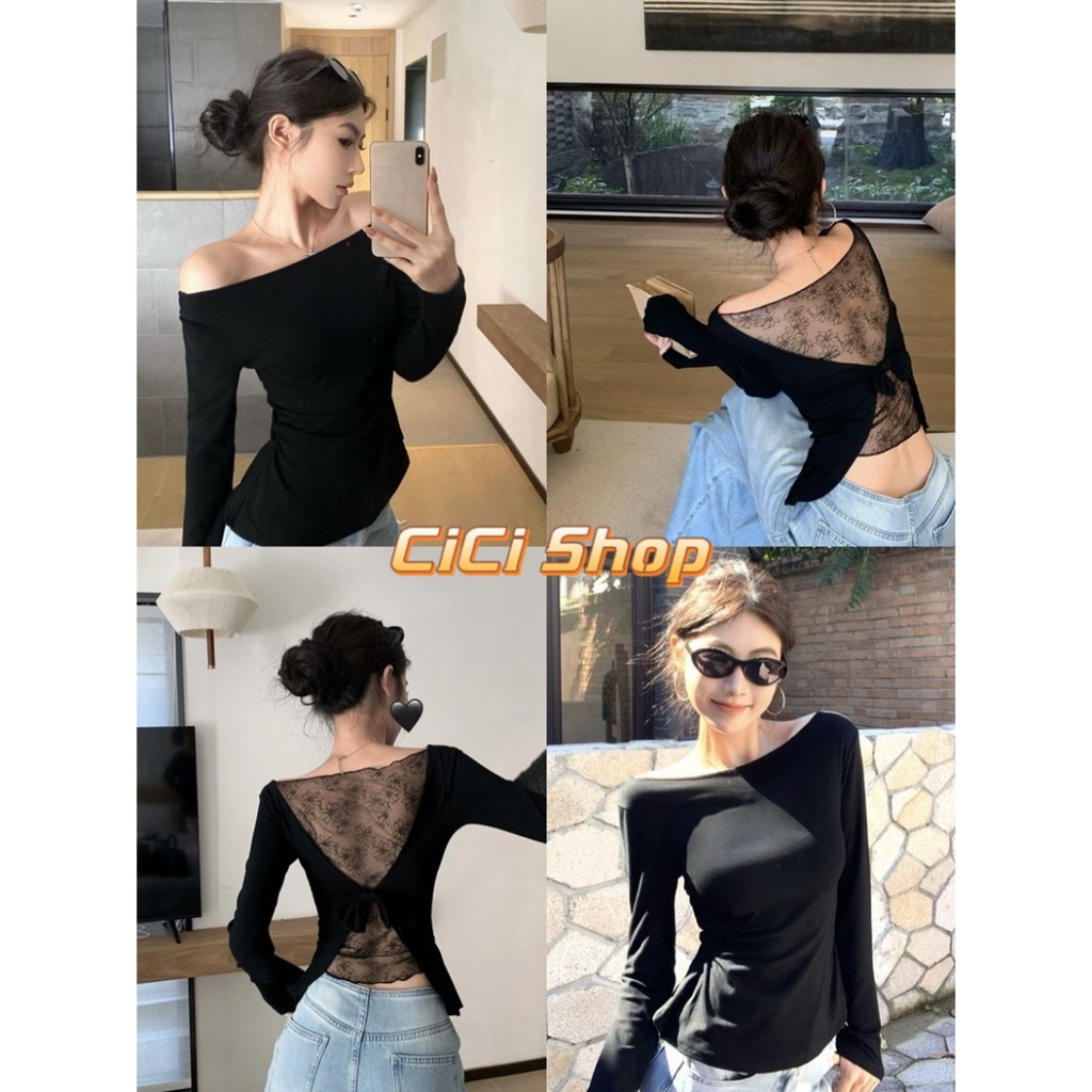 Cicishop(1538) เสื้อปาดไหลแขนยาว detail แต่งงานซีทรูด้านหลังพร้อมกับงานดอกไม้เล็กสไตล์แซ่บ