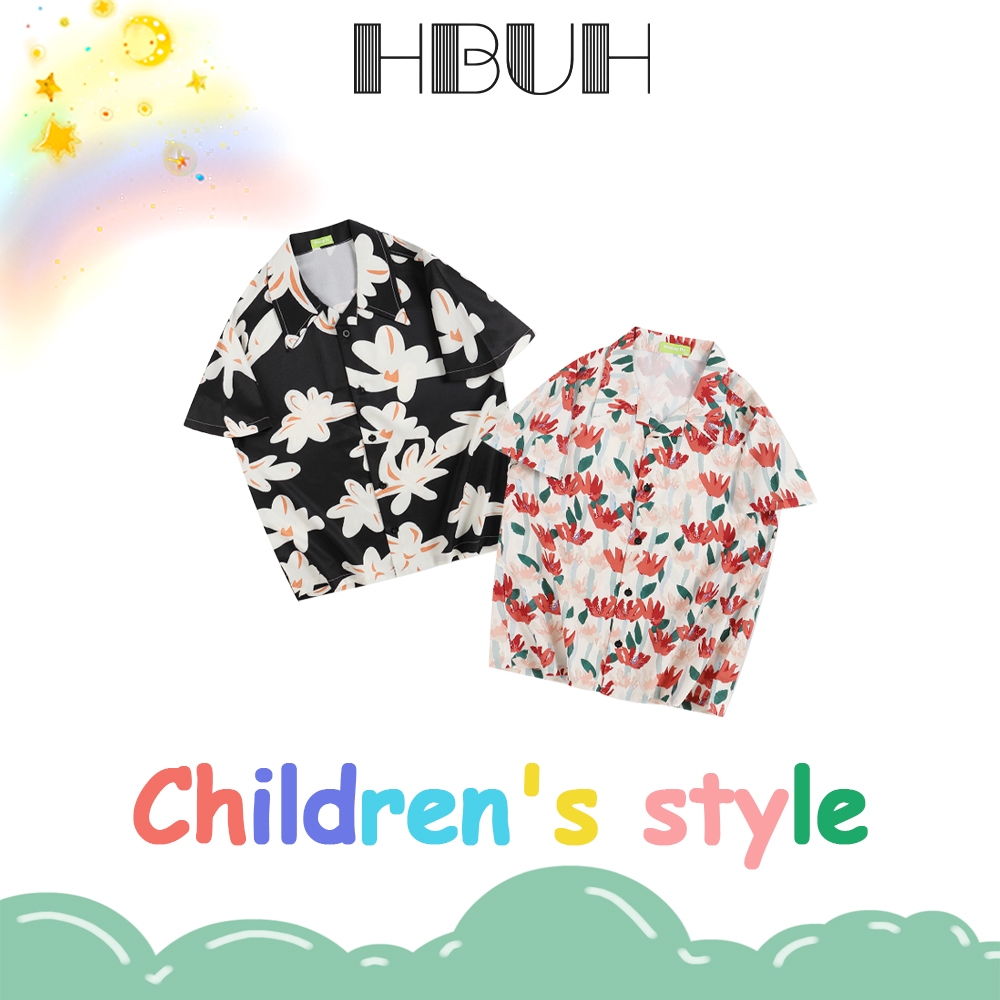พร้อมส่ง เสื้อเชิ้ตแขนสั้น คอปก ลายดอกไม้ ขนาดเล็ก ขนาดกลาง 110-140 ซม. สําหรับเด็กผู้ชาย และเด็กผู้หญิง//HBUH