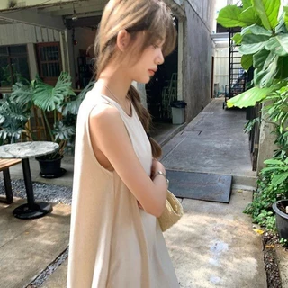 แม็กซี่เดรสทรงเอ คอกลมแขนกุด ดีเทลเว้าหลัง แต่งกระดุมตรงกลาง สีพื้นมินิมอล Dress คนท้องใส่ได้ สีดำ #9712
