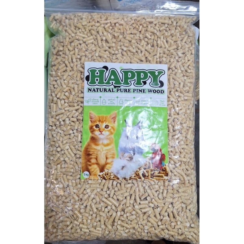 ขี้เลื่อยอัดเม็ดไม้สนแท้  ทรายแมวไม้สน  5kg. Happy .