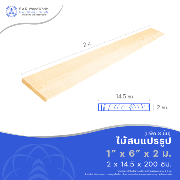 ไม้แปรรูปสนรัสเซีย ไสและขัด (Timber) ไม้สน ขนาด 2ซม. × 14.5ซม. × 2ม. แพ็ค 3 ชิ้น ไม้แท้ ไม้กระดาน SAK WoodWorks