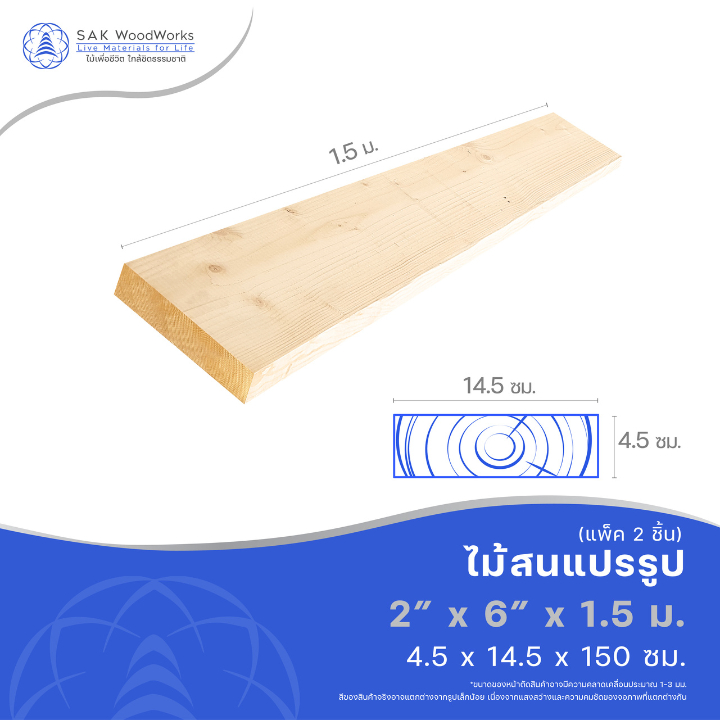 ไม้แปรรูปสนรัสเซีย ไสและขัด (Timber) ไม้สน ขนาด 4.5ซม. × 14.5ซม. × 1.5ม. แพ็ค 2 ชิ้น SAK WoodWorks