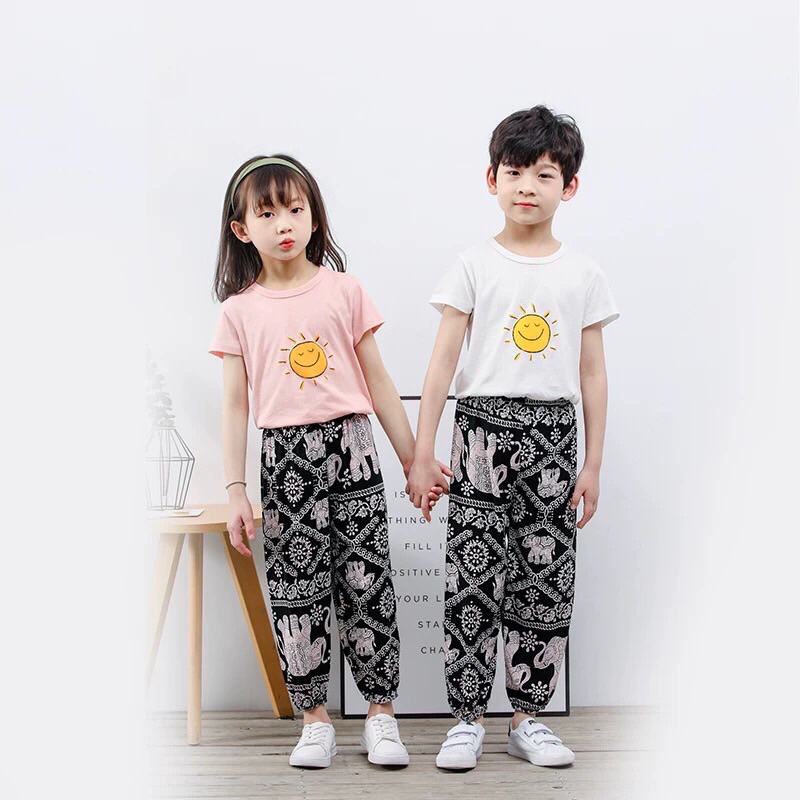 กางเกงลายช้าง(เด็ก-เด็กโต) ผ้าสปันเบาบางใส่สบายมีกระเป๋าข้าง