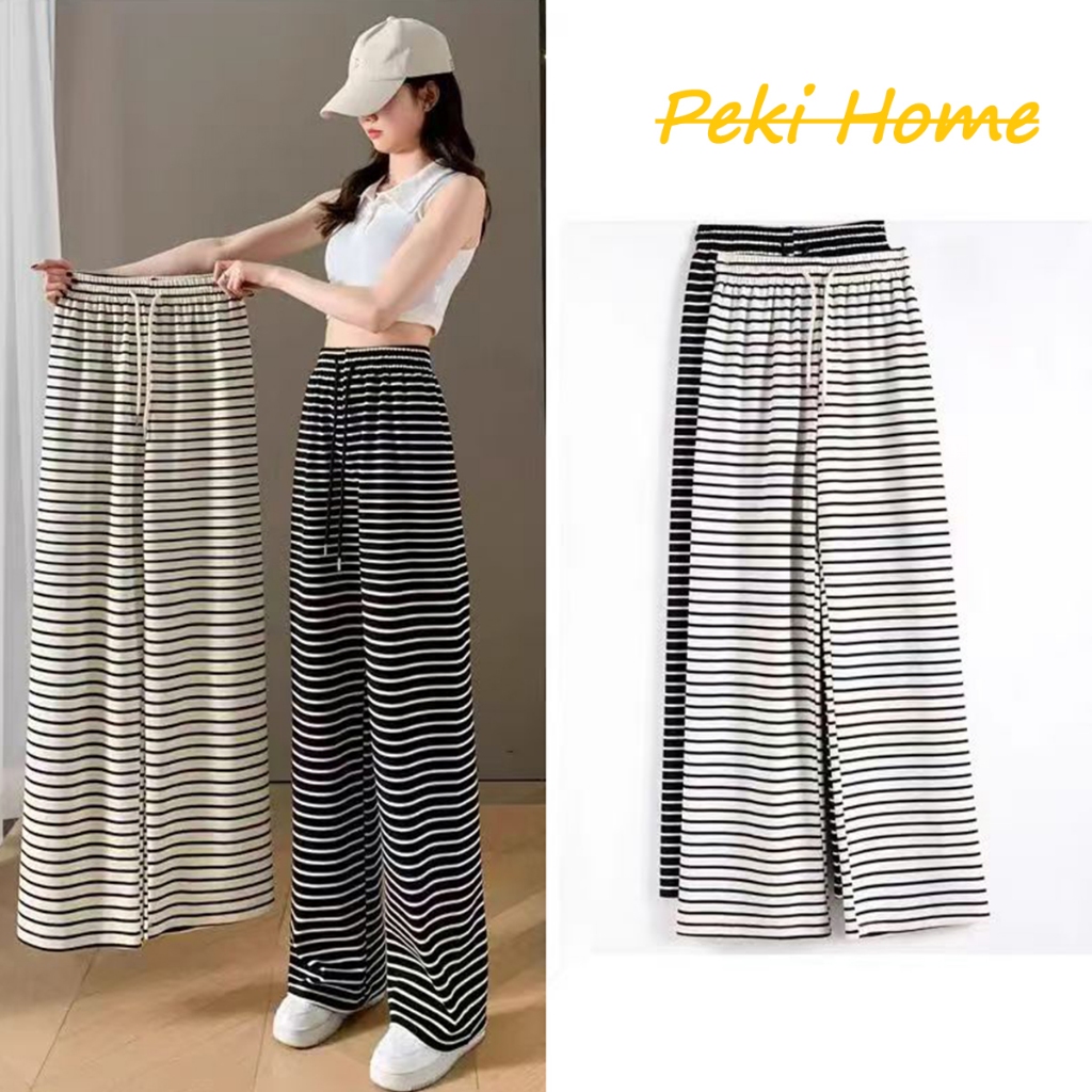 พร้อมส่ง  กางเกงขาบานลายทางขาวดำ สไตล์สบาย ๆ สำหรับผู้หญิง