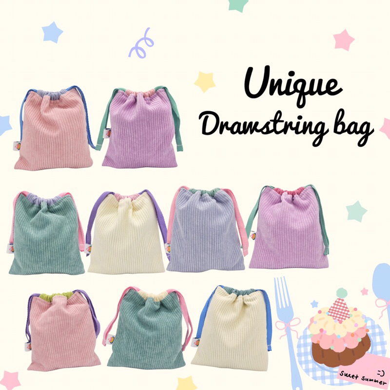 Drawstring bag ถุงผ้าหูรูด ผ้าลูกฟูก น่ารัก มีซับใน🍰เลือกสีด้านในค่ะ