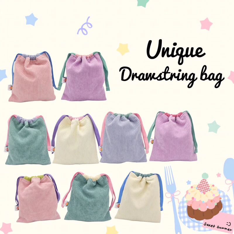 Drawstring bag ถุงผ้าหูรูด ผ้าลูกฟูก น่ารัก มีซับใน🍰เลือกสีด้านในค่ะ