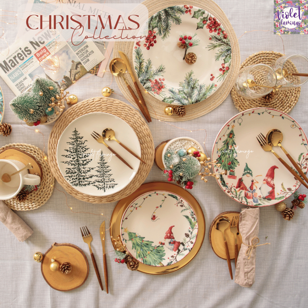 Violet Flamingo [พร้อมส่งจากไทย] จานลายซานต้า จานเซรามิคลายคริสต์มาส จานลายต้นคริสมาสต์ Christmas Plate