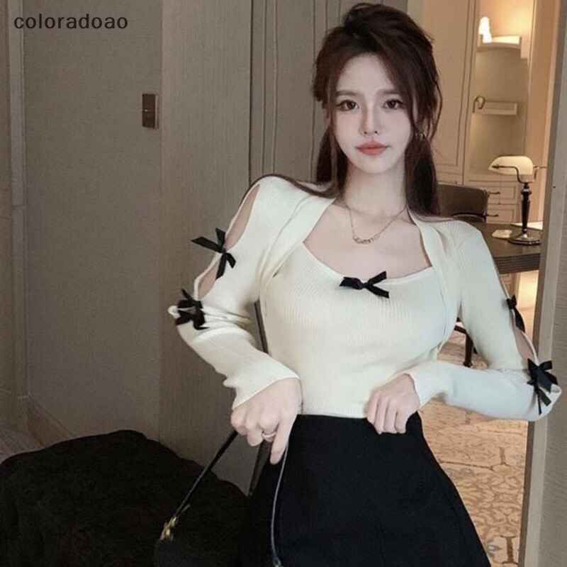 Crd เสื้อกันหนาว คอสี่เหลี่ยม แขนยาว เปิดไหล่ ผ้าถัก แบบสวมหัว ประดับโบว์ หวานแหวว แฟชั่นฤดูใบไม้ร่ว