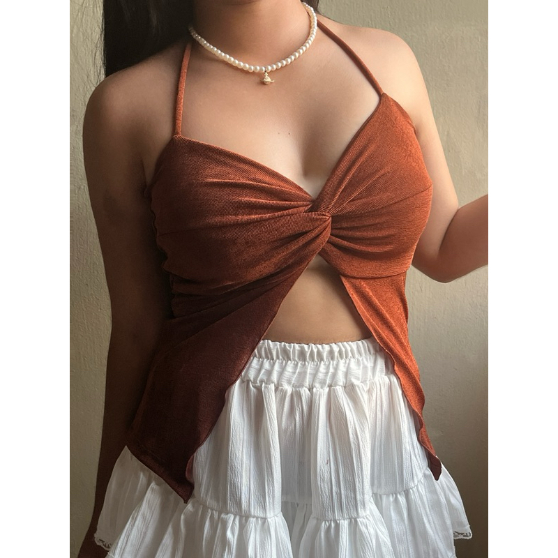 MML223🌸เสื้อแหวกหน้า🌸จีบอก🌸คล้องคอ🌸ผ้าวิ้ง