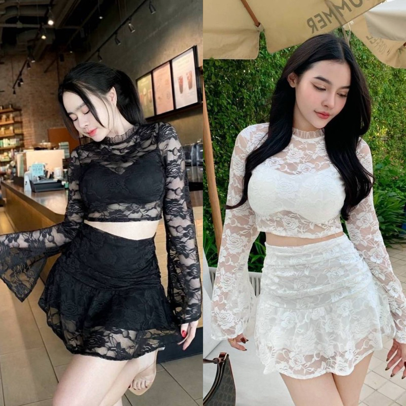 Ontop Set เสื้อครอป แขนยาวปลายกระดิ่ง ช่วงคอแต่งระบาย พร้อมซับใน กางเกงกะโปงแบบสาวเวียด