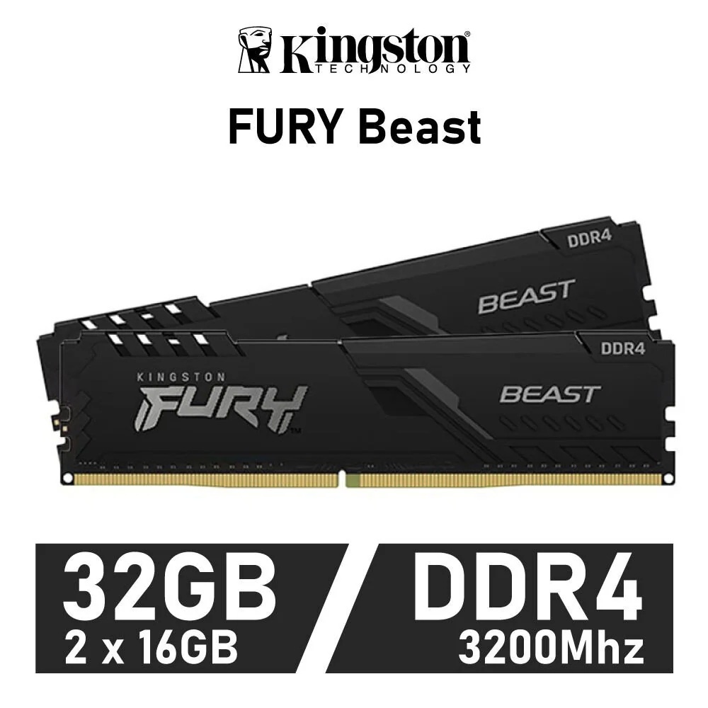 32GB (16GBx2) DDR4 3200MHz RAM (แรมพีซี) KINGSTON FURY BEAST DDR4 (KF432C16BBK2/32)