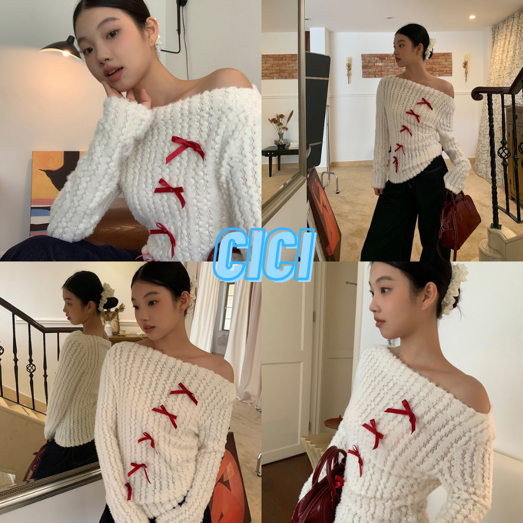 ส่งทันที Cici(NO. 1525) เสื้อแขนยาวขนปุยแต่งโบว์แดง สไตล์เกาหลี