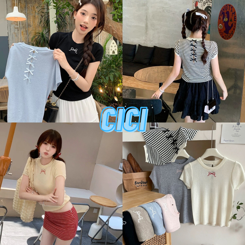 Cici(NO.A2061-3)เสื้อไหมพรมแขนสั้นปักลายโบว์ ดีเทลเว้าหลังแอบแซ่บ เกาหลีเกาใจ