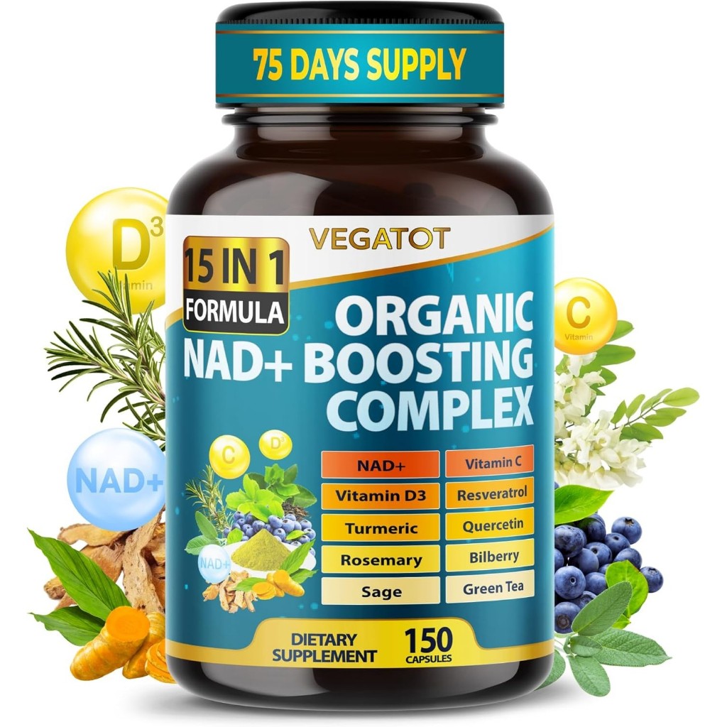 VEGATOT Organic NAD+ Boosting Complex 15-in-1 Formula with Resveratrol Turmeric Quercetin (No.2530)