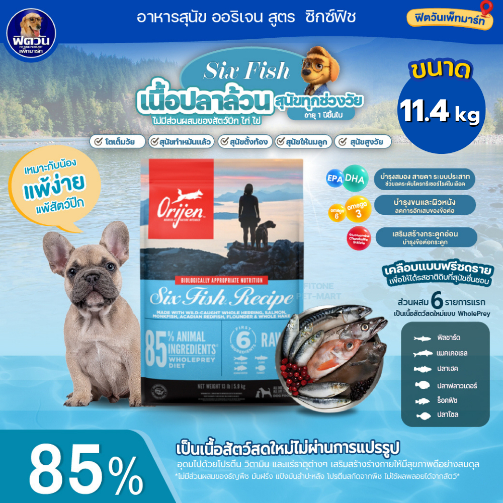 Orijen Six Fish Adult อาหารเม็ด สำหรับสุนัขโตทุกสายพันธุ์ สูตรปลา 6 ชนิด ขนาด 11.4 กิโลกรัม{อาหารสุน