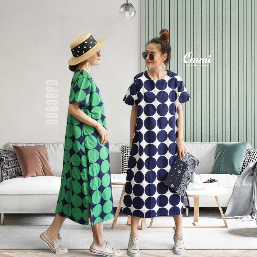Ommishop 99888PD ชุดเดรสแฟชั่นคอกลม ผ่าด้านข้าง ลายโปกาดอทใหญ่ Cotton Japan 100% (Bonus)