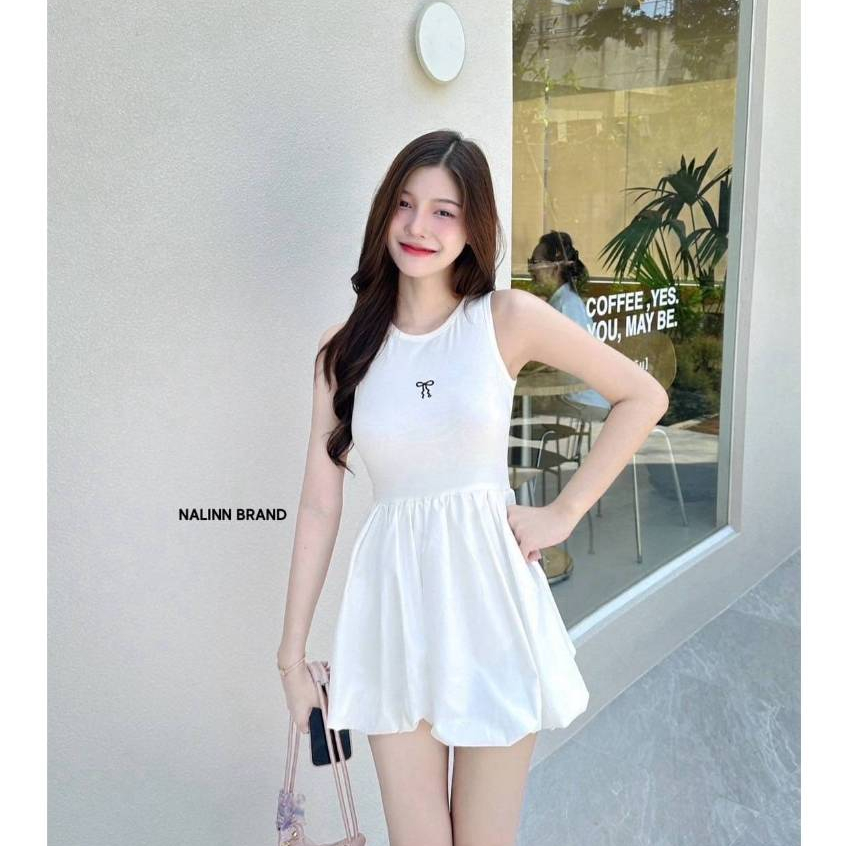 NALINN: Dress แขนกุดสีขาว กระโปรงทรงบอลลูน(*สอบถามสต๊อกก่อนกดสั่งน๊า)
