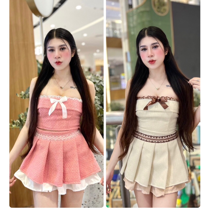 ชุดเซ็ท2ชิ้น เกาะอกแต่งโบว์ มาพร้อมกระโปรง