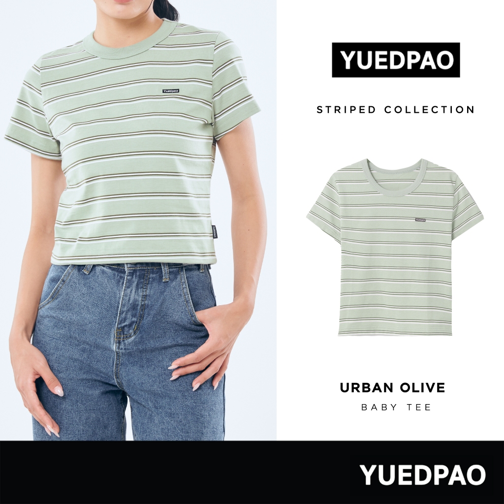 Yuedpao Baby Tee Striped รับประกันไม่ย้วย 2 ปี ผ้าหนาทรงสวย ยับยากรีดง่าย เสื้อยืดผู้หญิง สี Urban Olive