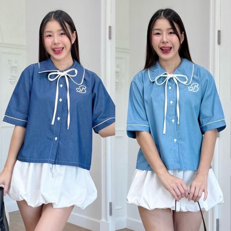 A130 - เชิ้ตปกแหลมกุ้นขอบตัดสีขาว ทรงโอเวอร์ไซส์ ผ้ายีนส์ กุ้นขอบแขน