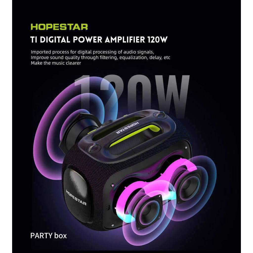 ลำโพงบลูทูธHopestar Party box ลำโพง 120W พร้อมไมล์หลายสาย2ตัว เอฟเฟคเสียงเปลี่ยนได้3ระดับ ของแท้100%