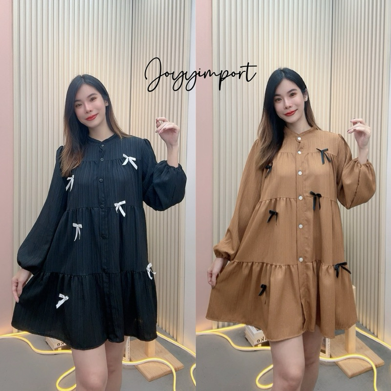 เดรสแขนยาวมินิมอลแต่งโบว์ริบบิ้น no.67 (ทรงoversize)